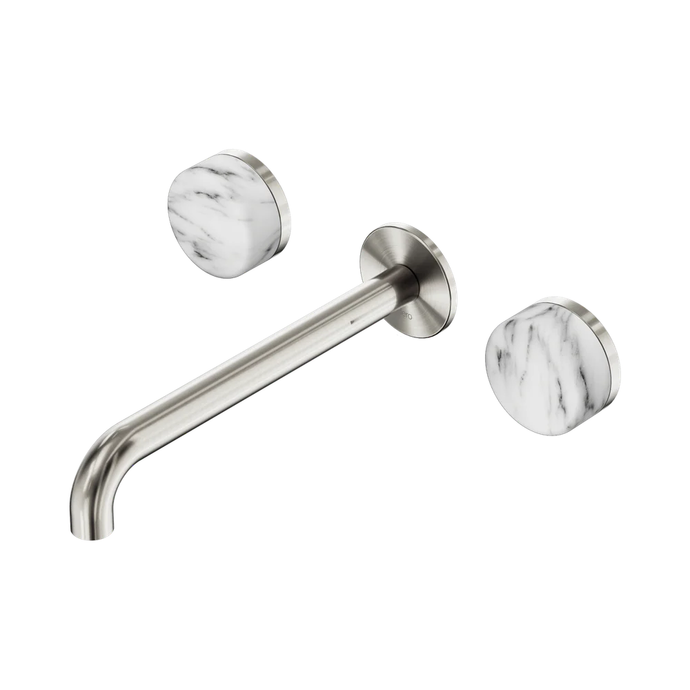 Nero Serenity Wall Basin Set 220mm Spout With Arabescato Corchia Handle Brushed Nickel