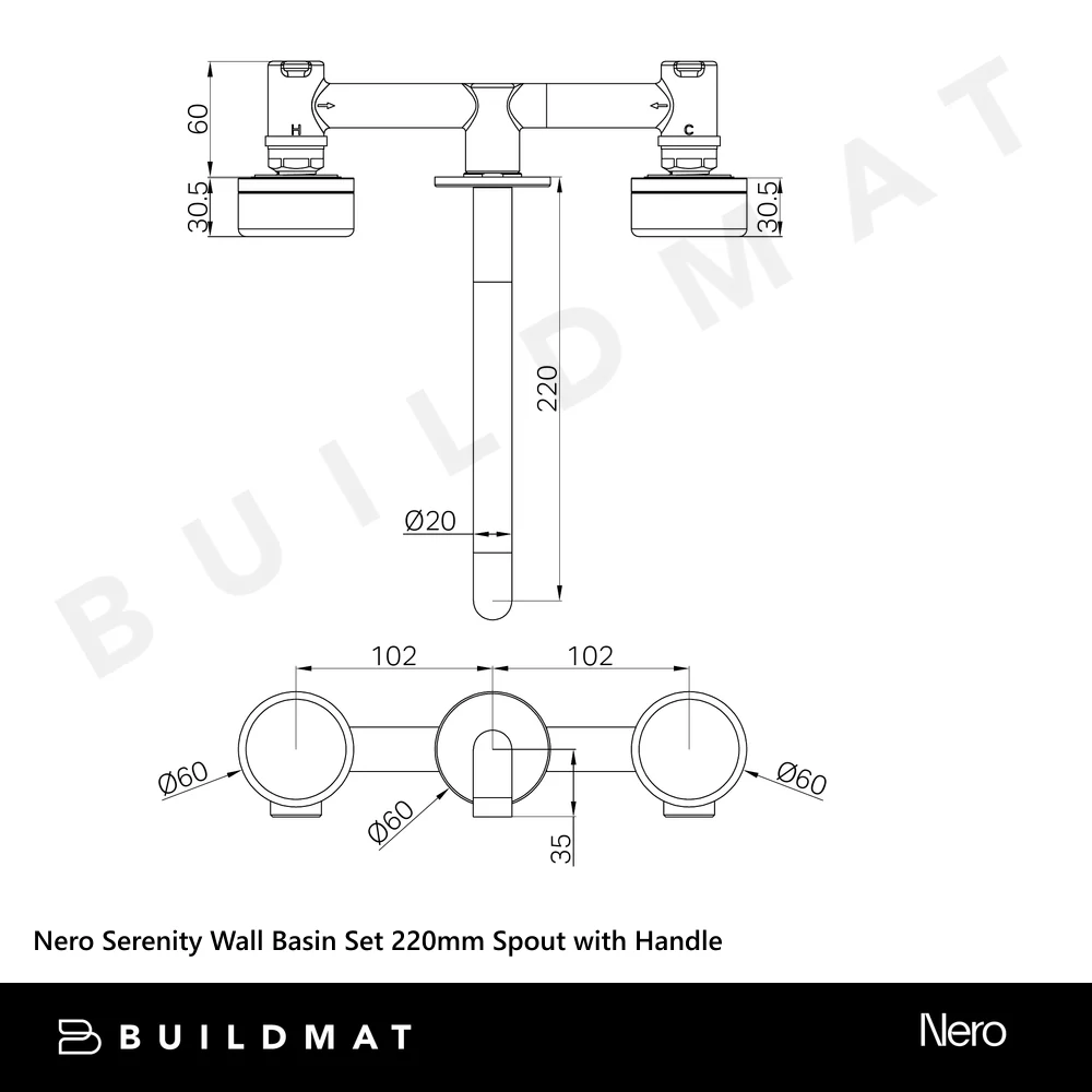 Nero Serenity Wall Basin Set 220mm Spout With Arabescato Corchia Handle Chrome - Image 4