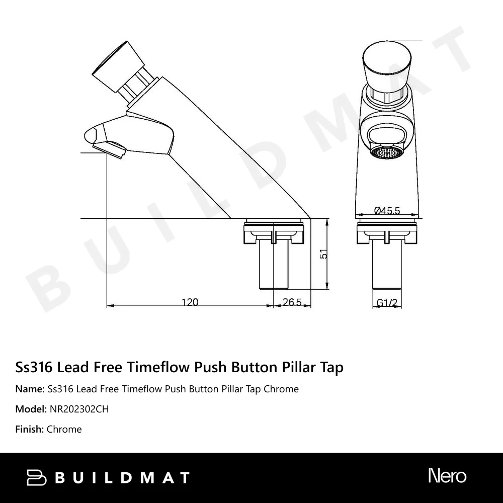 Nero SS316 Lead Free Timeflow Push Button Pillar Tap Chrome - Image 4