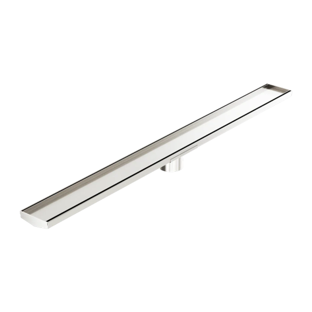 Nero Tile Insert V Channel 1200x106mm Floor Grate 80mm Outlet Brushed Nickel