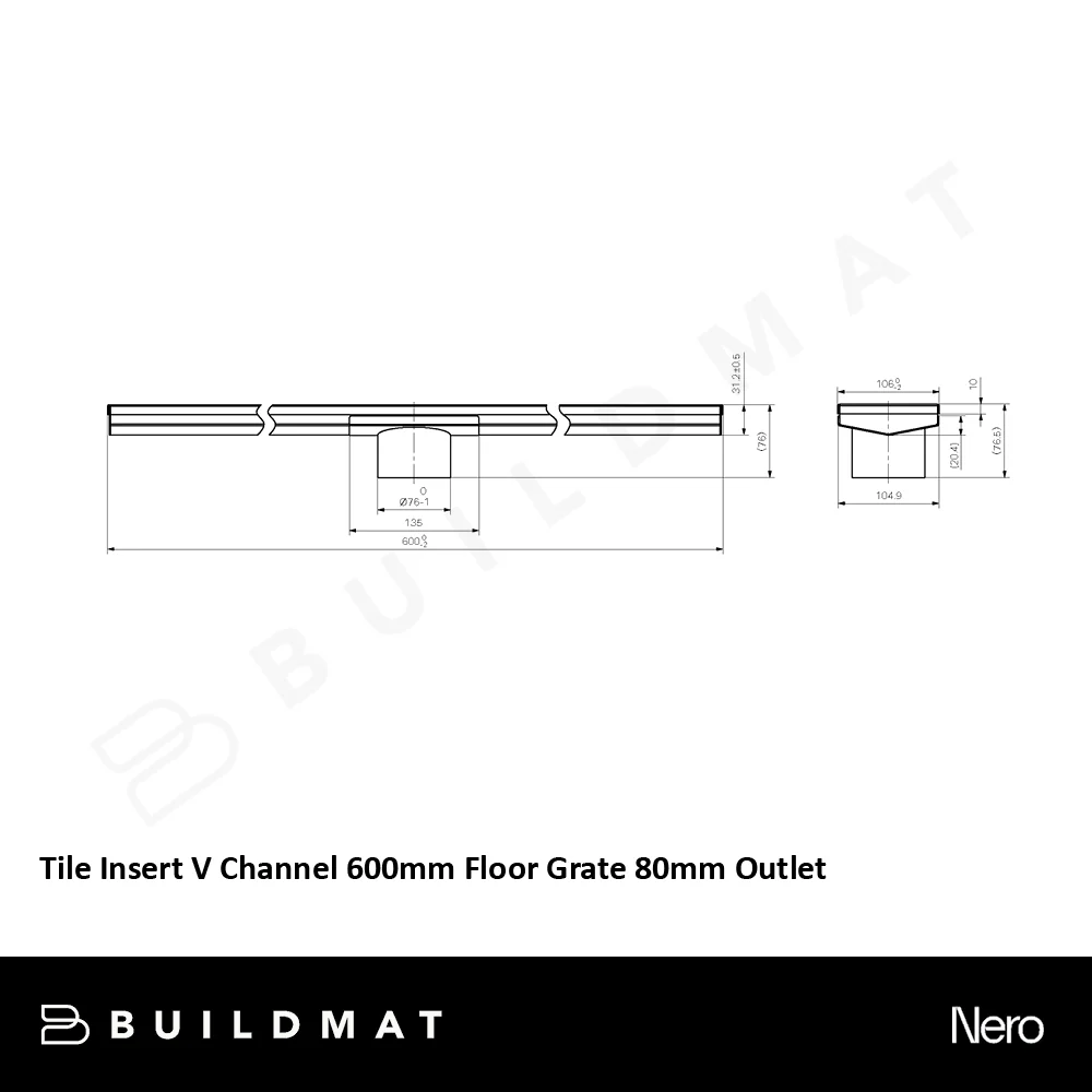 Nero Tile Insert V Channel 600x106mm Floor Grate 80mm Outlet Brushed Bronze - Image 4