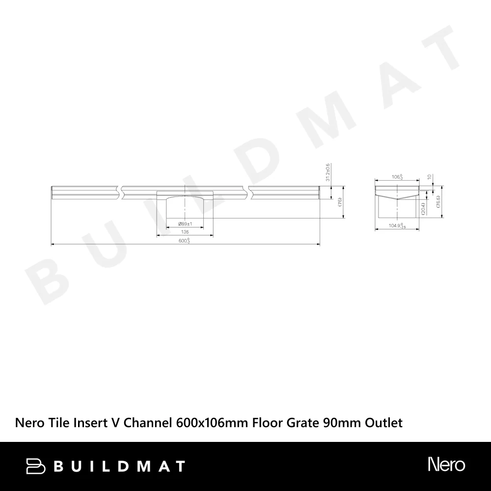 Nero Tile Insert V Channel 600x106mm Floor Grate 90mm Outlet Matte Black - Image 4