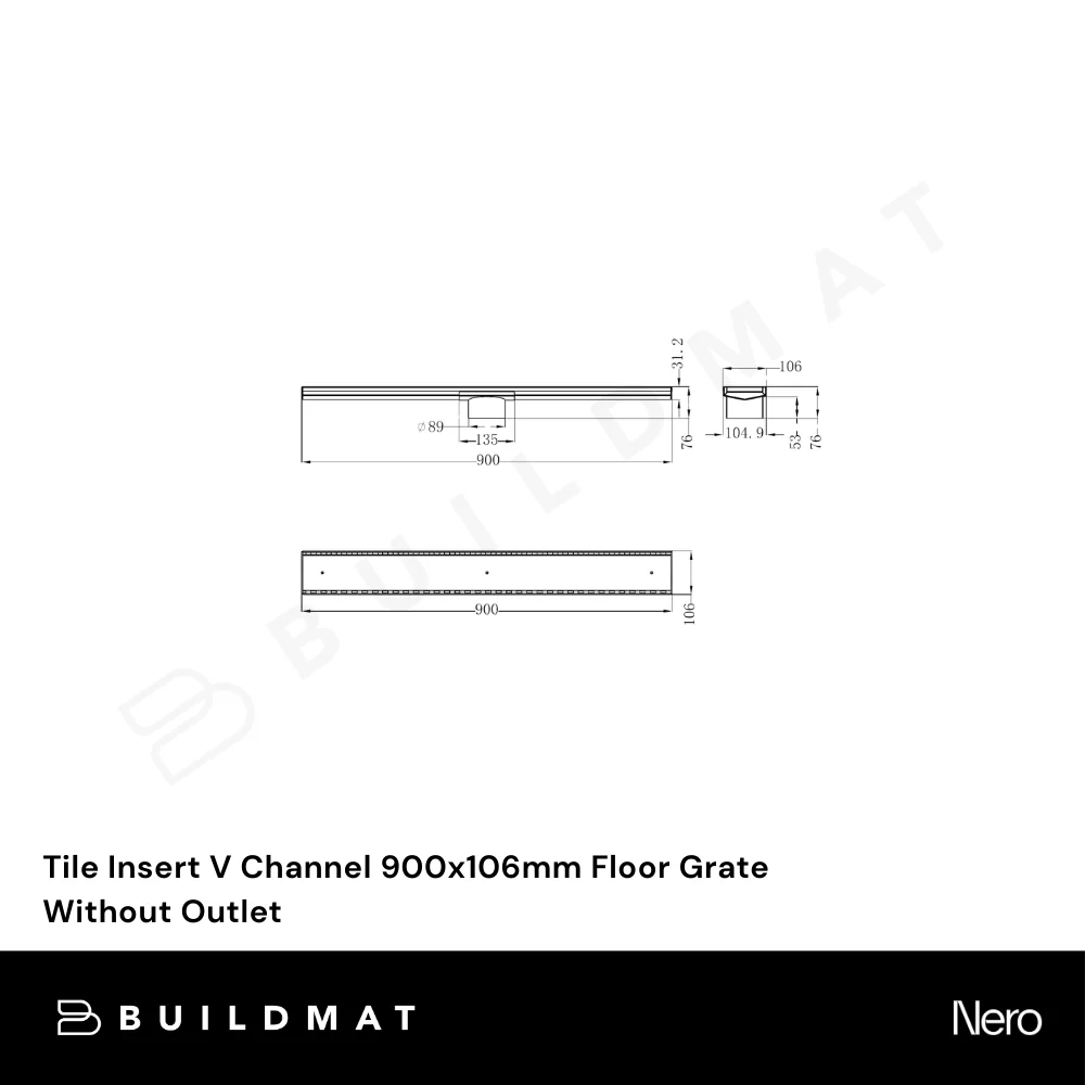 Nero Tile Insert V Channel 900x106mm Floor Grate Without Outlet Brushed Gold - Image 4
