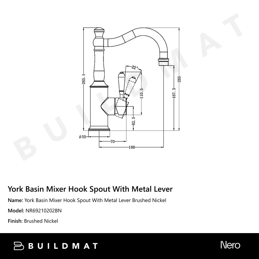 Nero York Basin Mixer Hook Spout With Metal Lever Brushed Nickel - Image 4