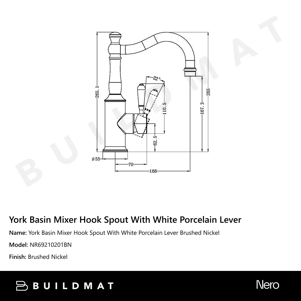 Nero York Basin Mixer Hook Spout With White Porcelain Lever Brushed Nickel - Image 4