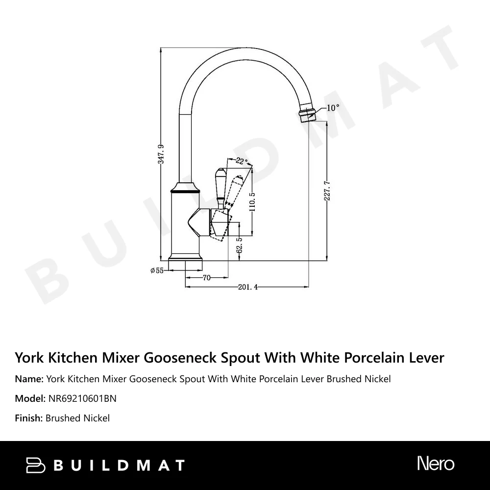 Nero York Kitchen Mixer Gooseneck Spout With White Porcelain Lever Brushed Nickel - Image 4