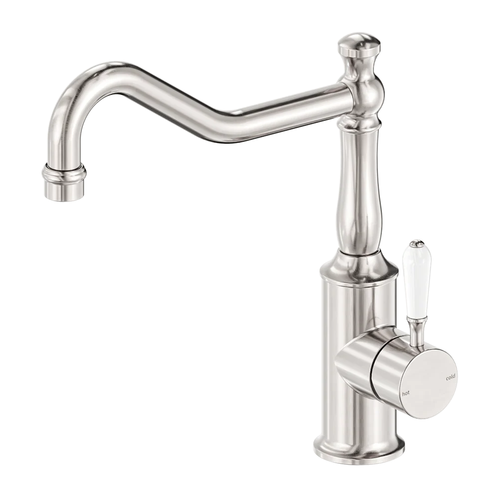 Nero York Kitchen Mixer Hook Spout With White Porcelain Lever Brushed Nickel