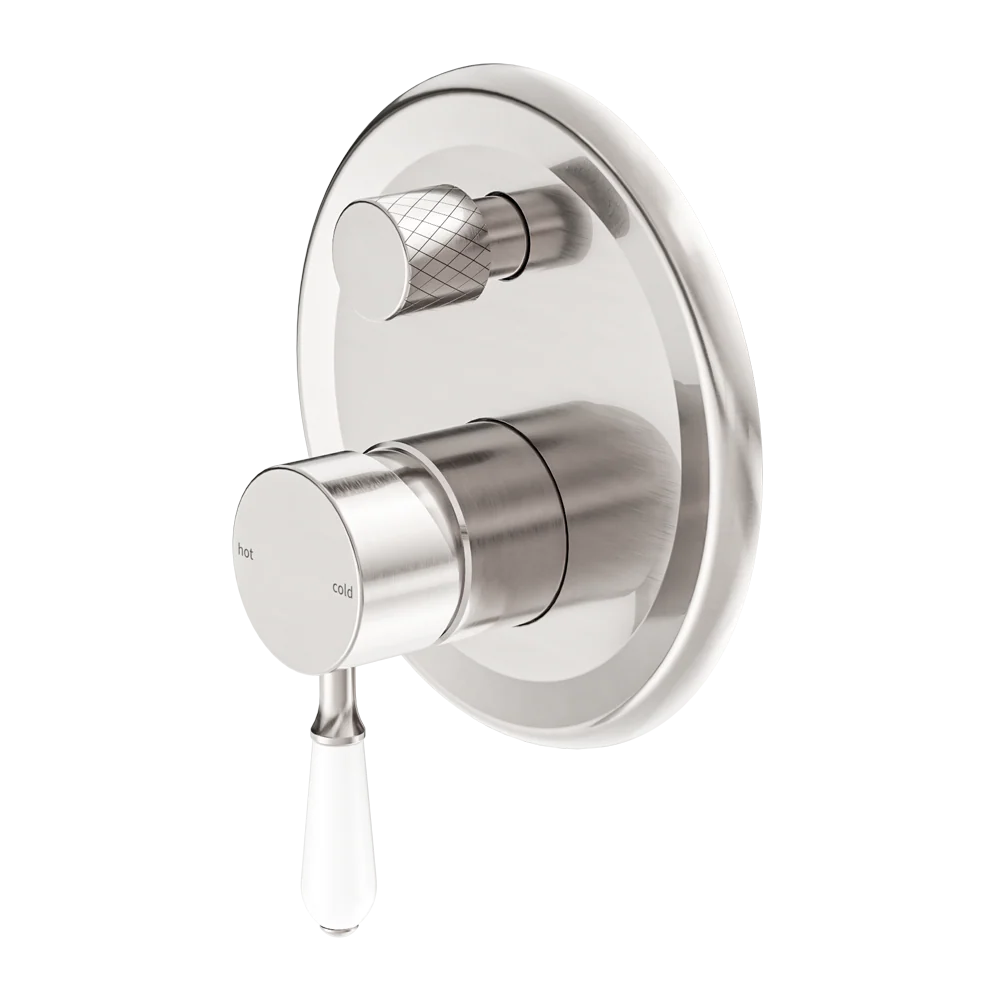 Nero York Shower Mixer With Divertor With White Porcelain Lever Brushed Nickel - Image 3