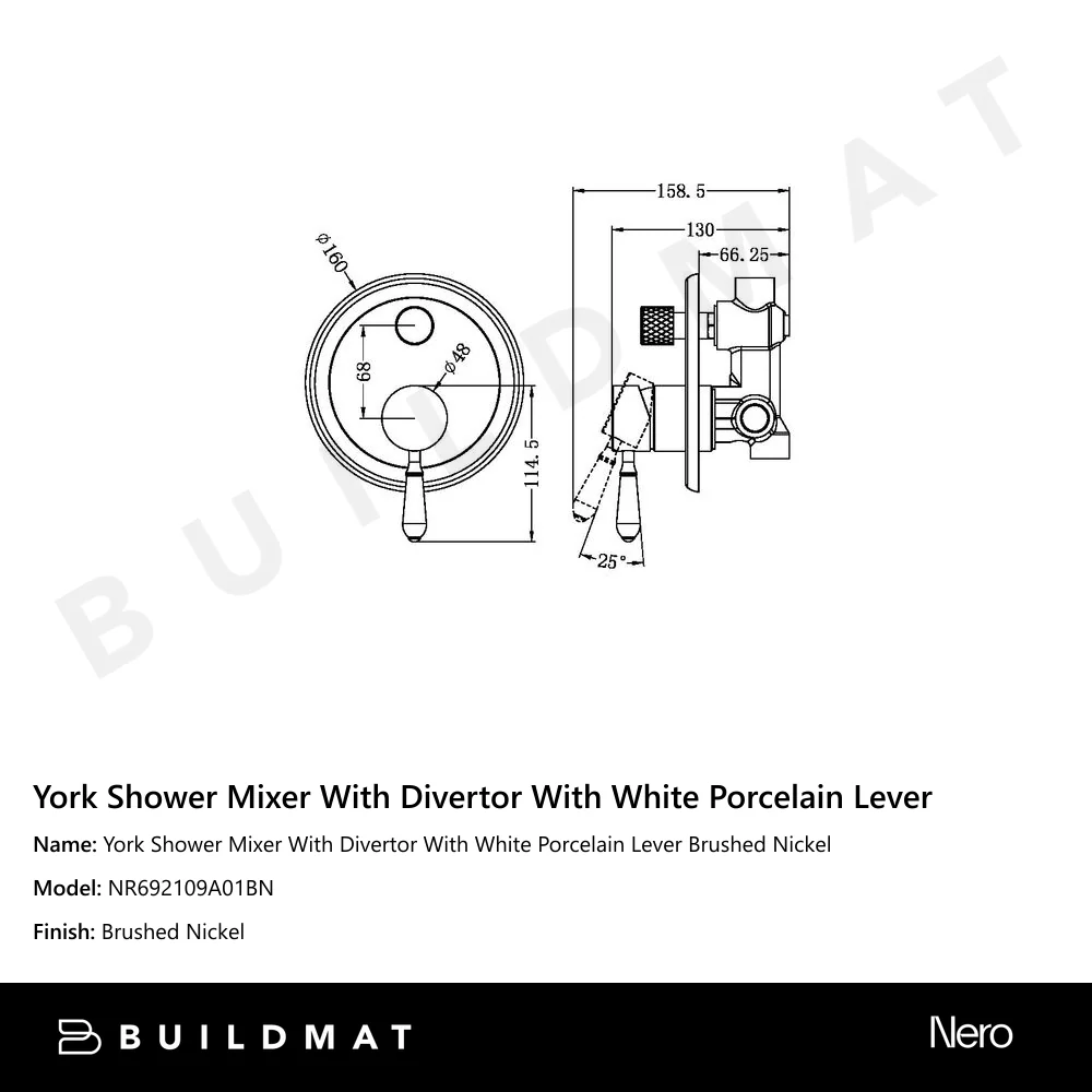 Nero York Shower Mixer With Divertor With White Porcelain Lever Brushed Nickel - Image 4