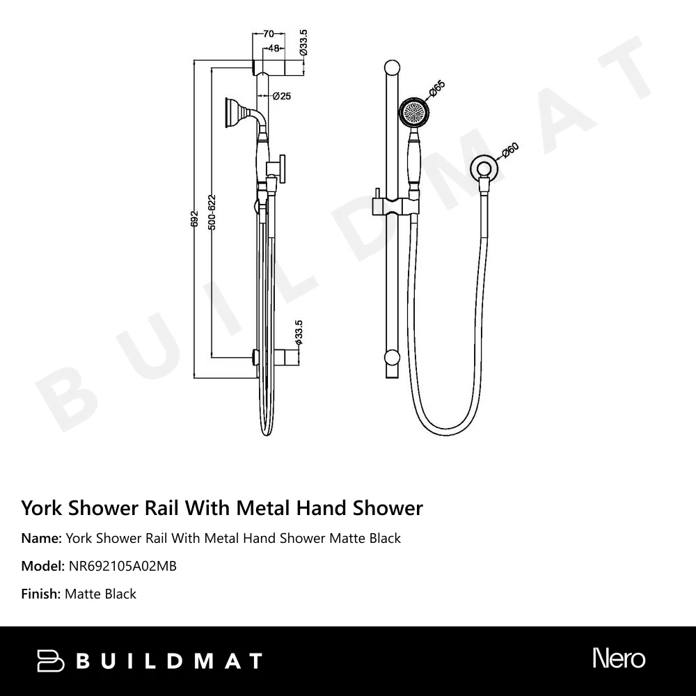 Nero York Shower Rail With Metal Hand Shower Matte Black - Image 4