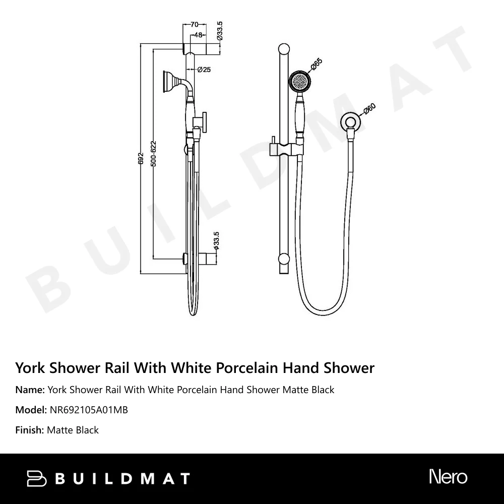 Nero York Shower Rail With White Porcelain Hand Shower Matte Black - Image 4