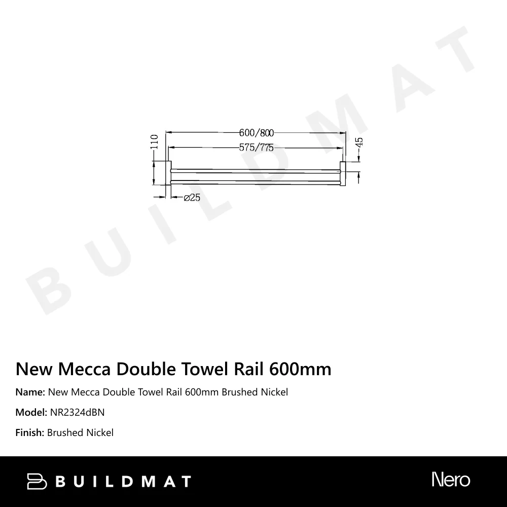 Nero New Mecca Double Towel Rail 600mm Brushed Nickel - Image 4