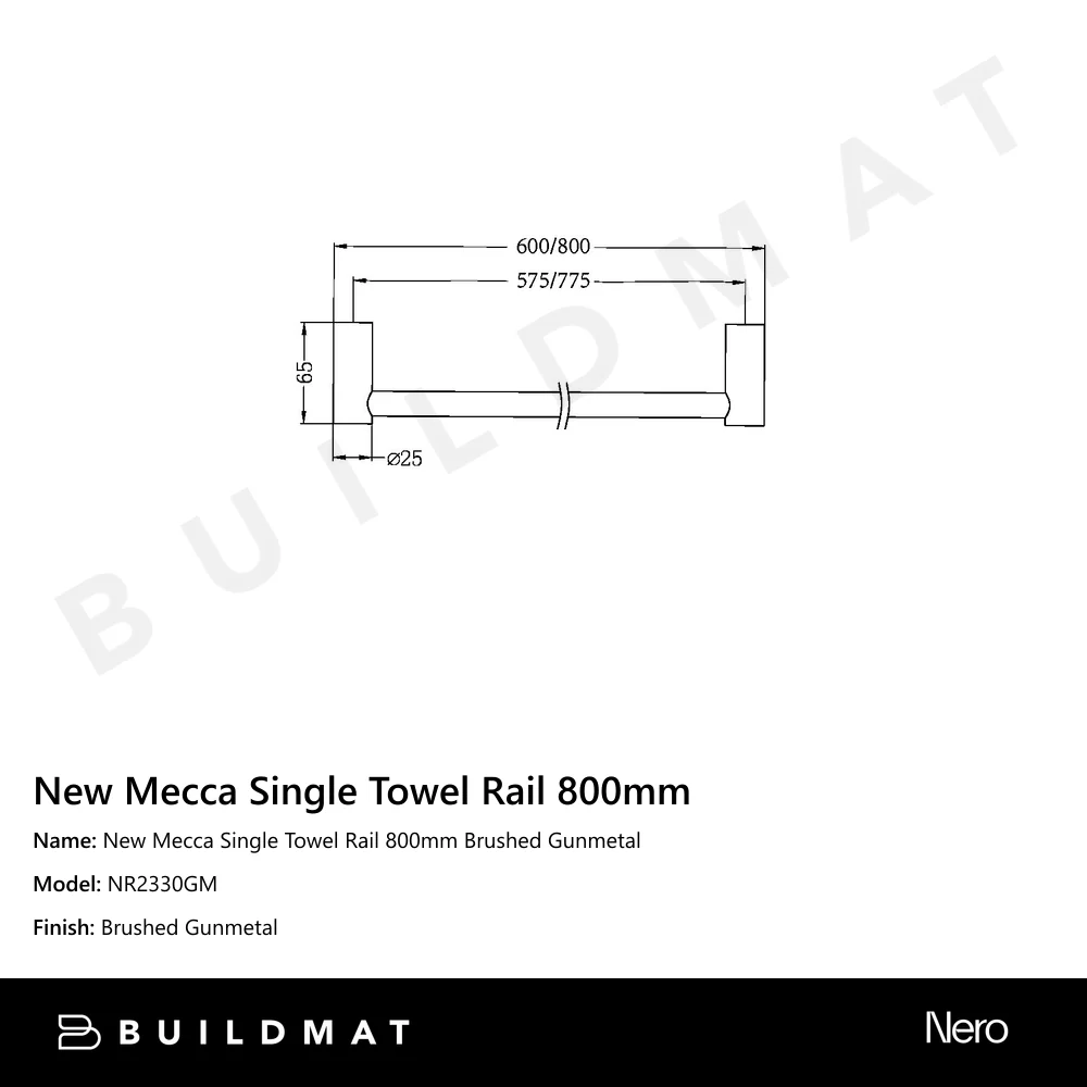 Nero New Mecca Single Towel Rail 800mm Gun Metal - Image 4