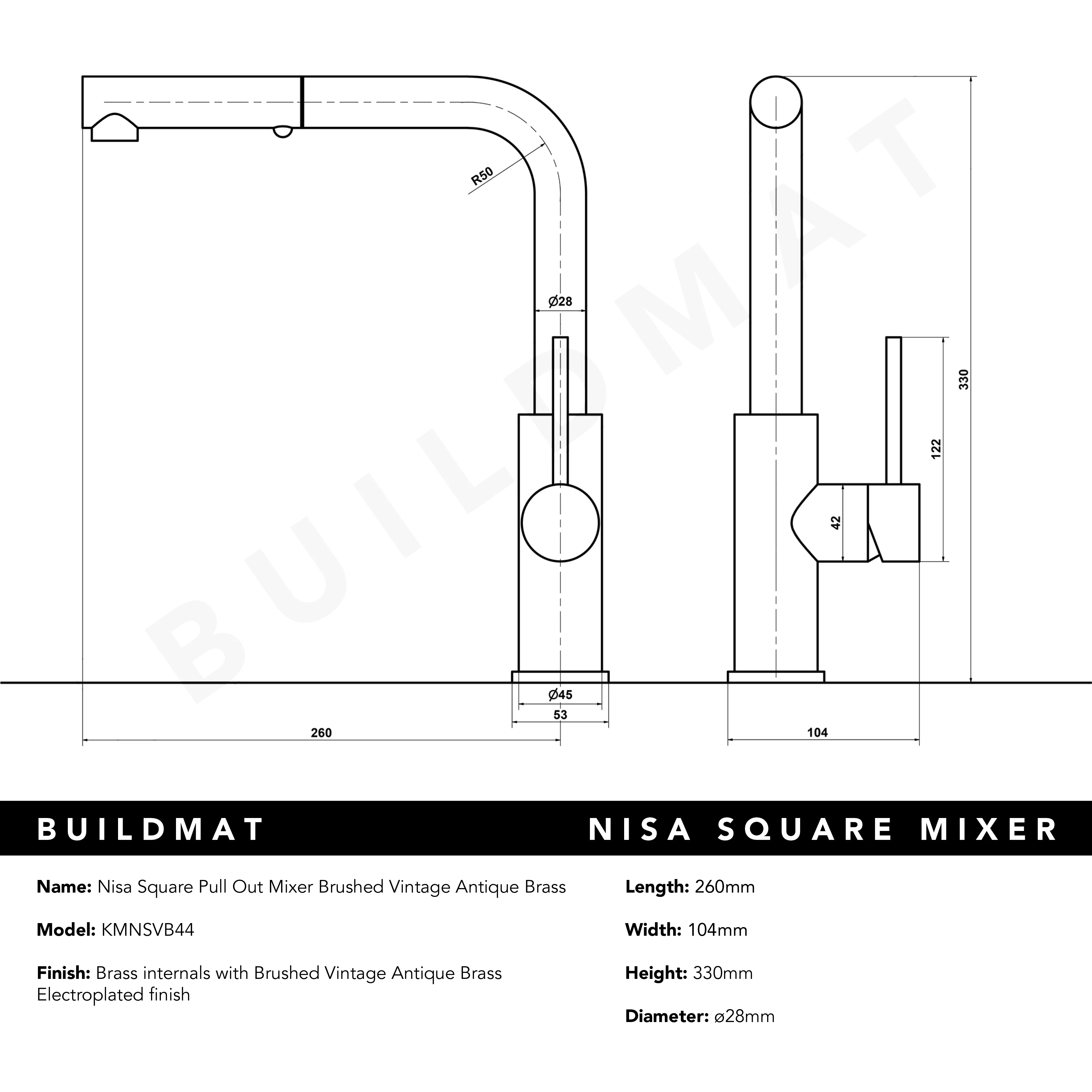 Alma Nisa Square Pull Out Mixer Brushed Vintage Antique Brass - Image 12