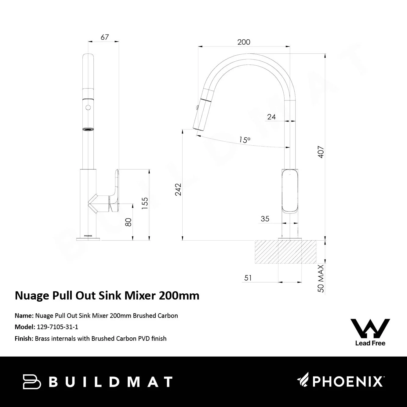 Phoenix Nuage Pull Out Sink Mixer 200mm Lead Free Brushed Carbon - Image 4