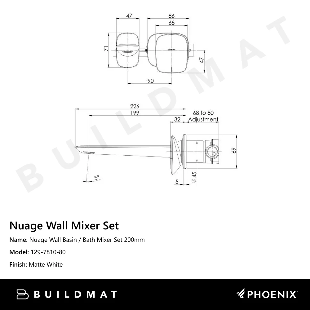 Phoenix Nuage Wall Basin / Bath Mixer Set 200mm Matte White - Image 4