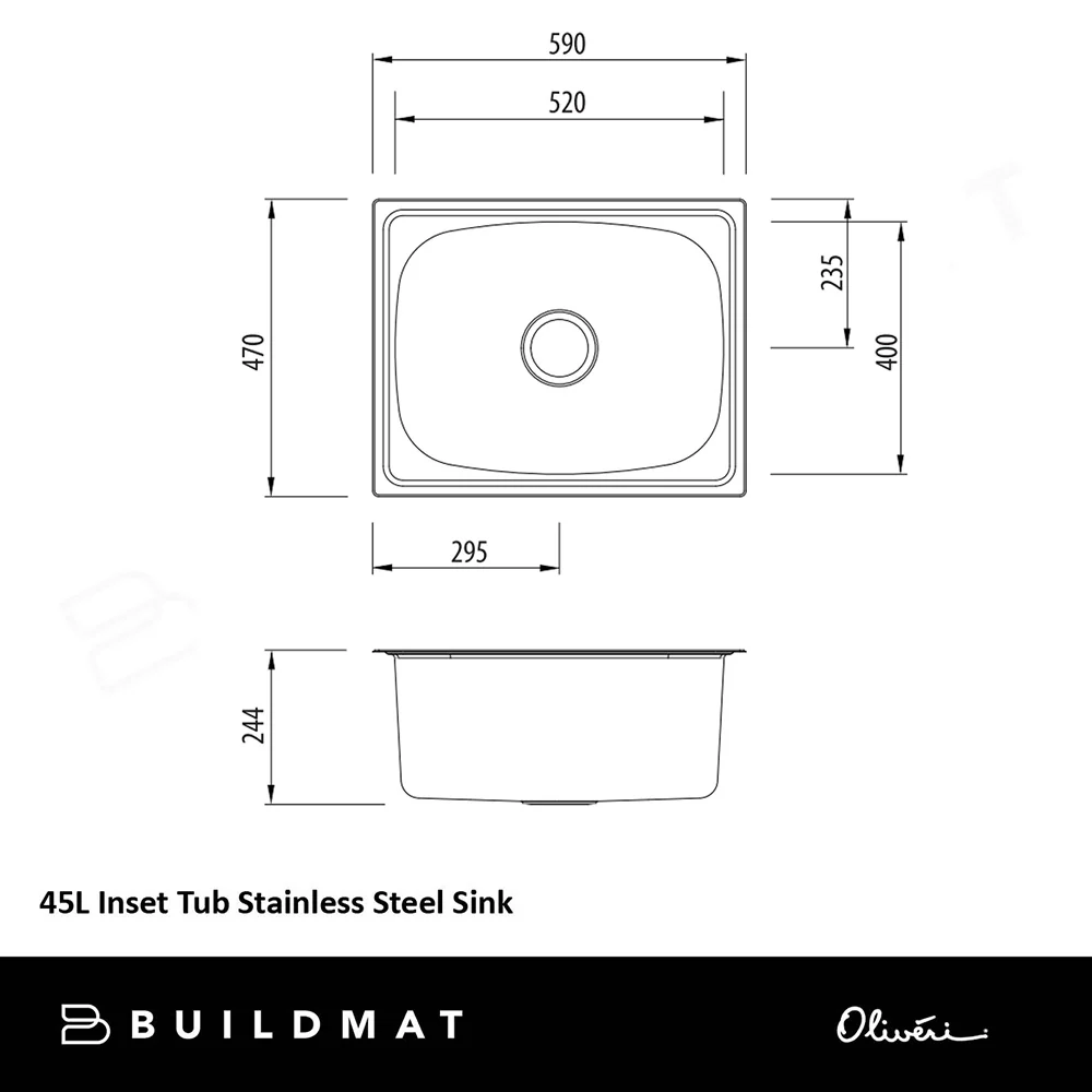 Oliveri 45L Inset Tub Right Taphole Stainless Steel Sink - Image 4