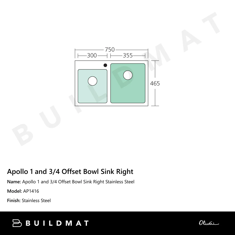 Oliveri Apollo 1 And 3/4 Right Offset Bowl Sink Stainless Steel - Image 4