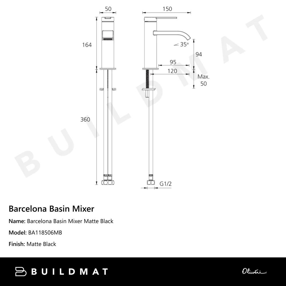 Oliveri Barcelona Basin Mixer Matte Black - Image 4