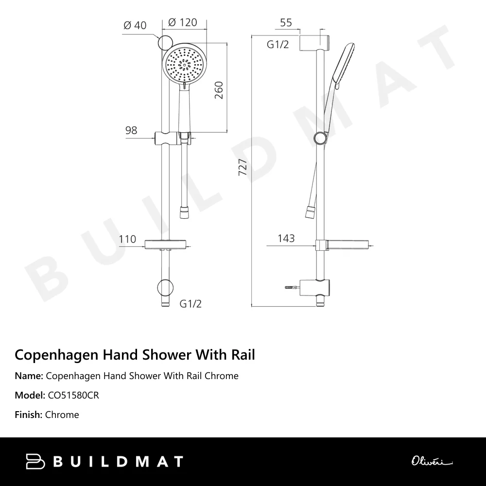 Oliveri Copenhagen Hand Shower With Rail Chrome - Image 4