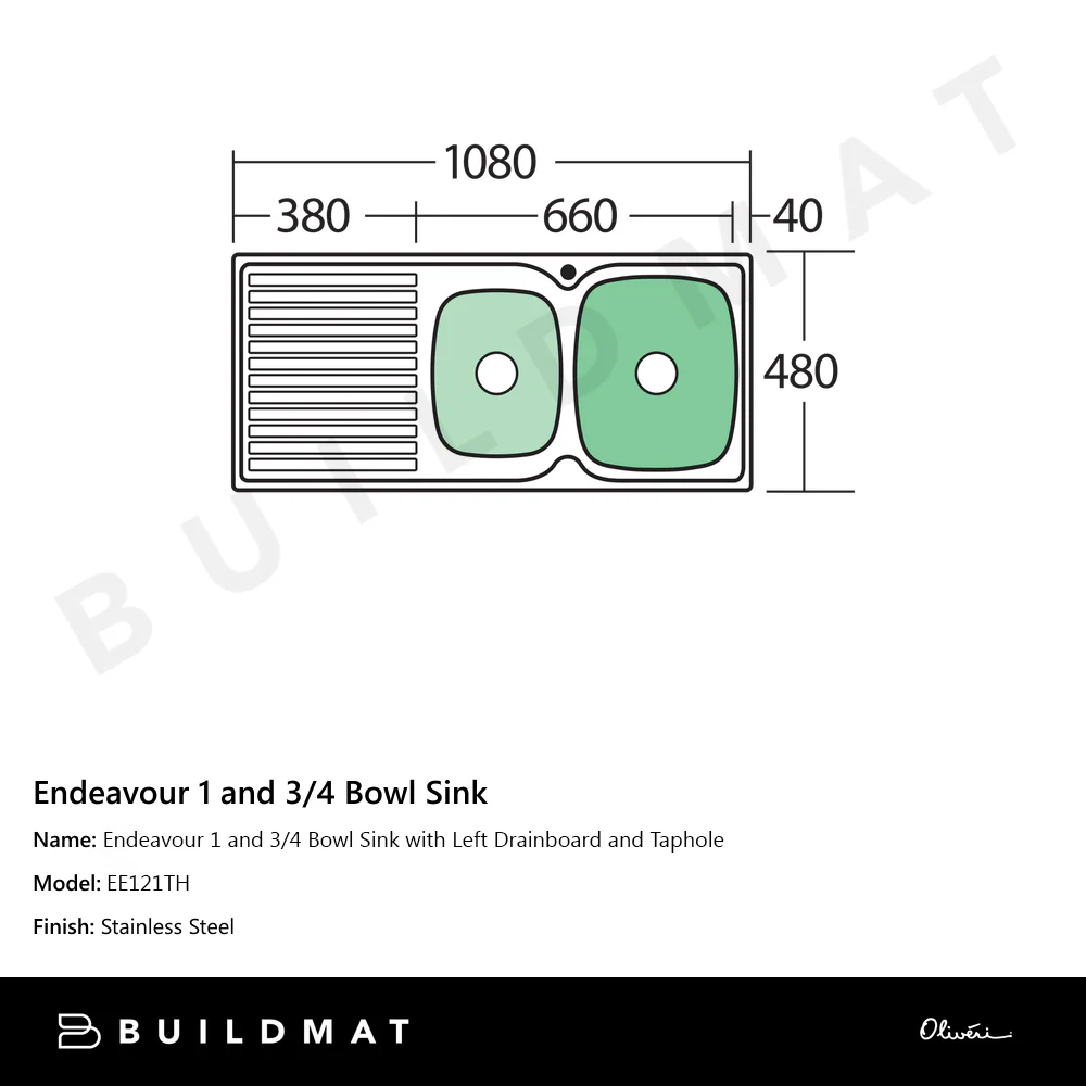 Oliveri Endeavour 1 And 3/4 Bowl Sink With Left Drainboard and Taphole Stainless Steel - Image 4