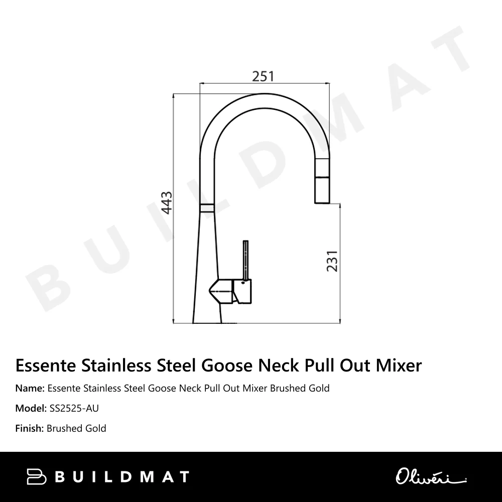 Oliveri Essente Stainless Steel Goose Neck Pull Out Mixer Brushed Gold - Image 4