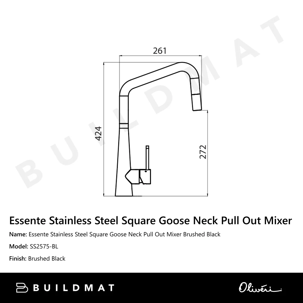Oliveri Essente Stainless Steel Square Goose Neck Pull Out Mixer Brushed Black - Image 4