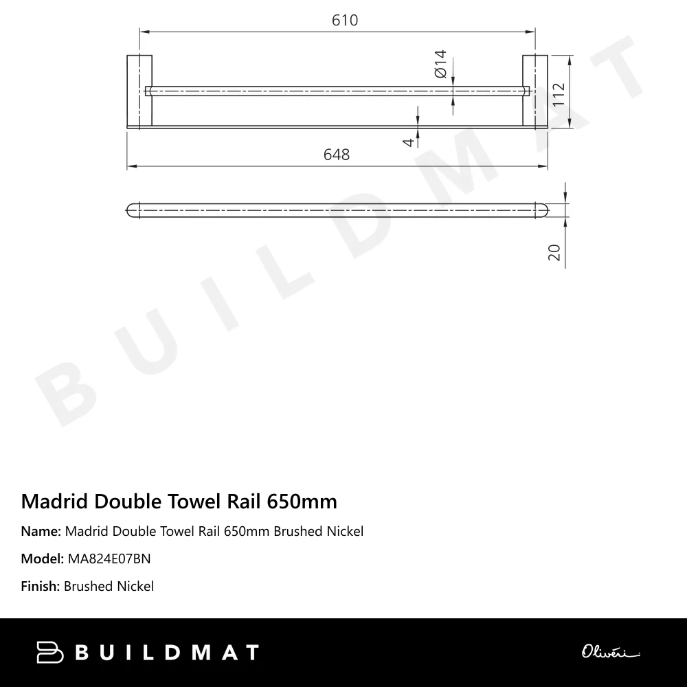 Oliveri Madrid Double Towel Rail 650mm Brushed Nickel - Image 4