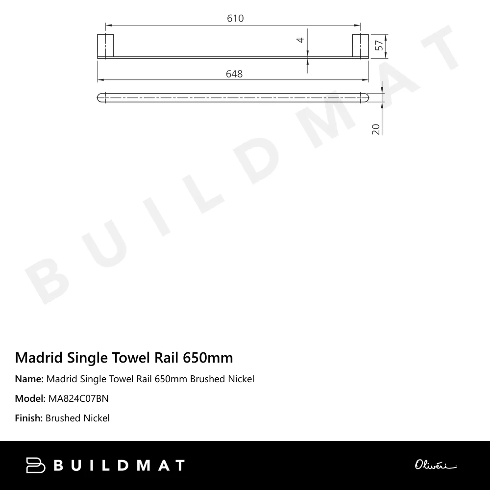 Oliveri Madrid Single Towel Rail 650mm Brushed Nickel - Image 4