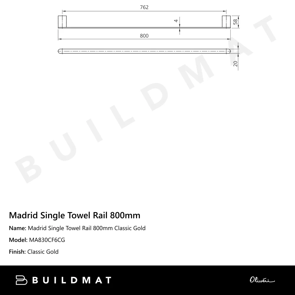 Oliveri Madrid Single Towel Rail 800mm Classic Gold - Image 4
