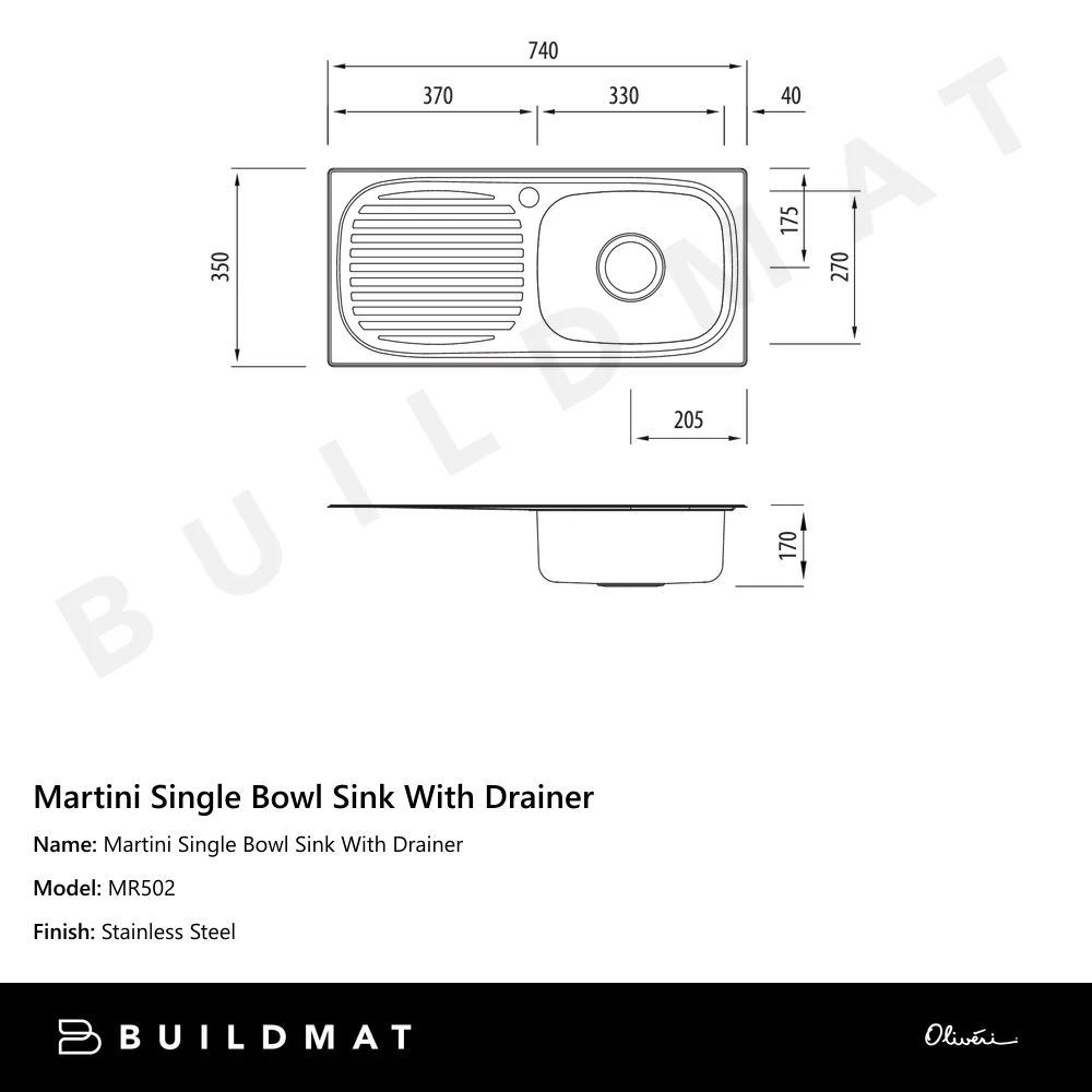 Oliveri Martini Single Bowl Sink With Left Drainboard Stainless Steel - Image 4