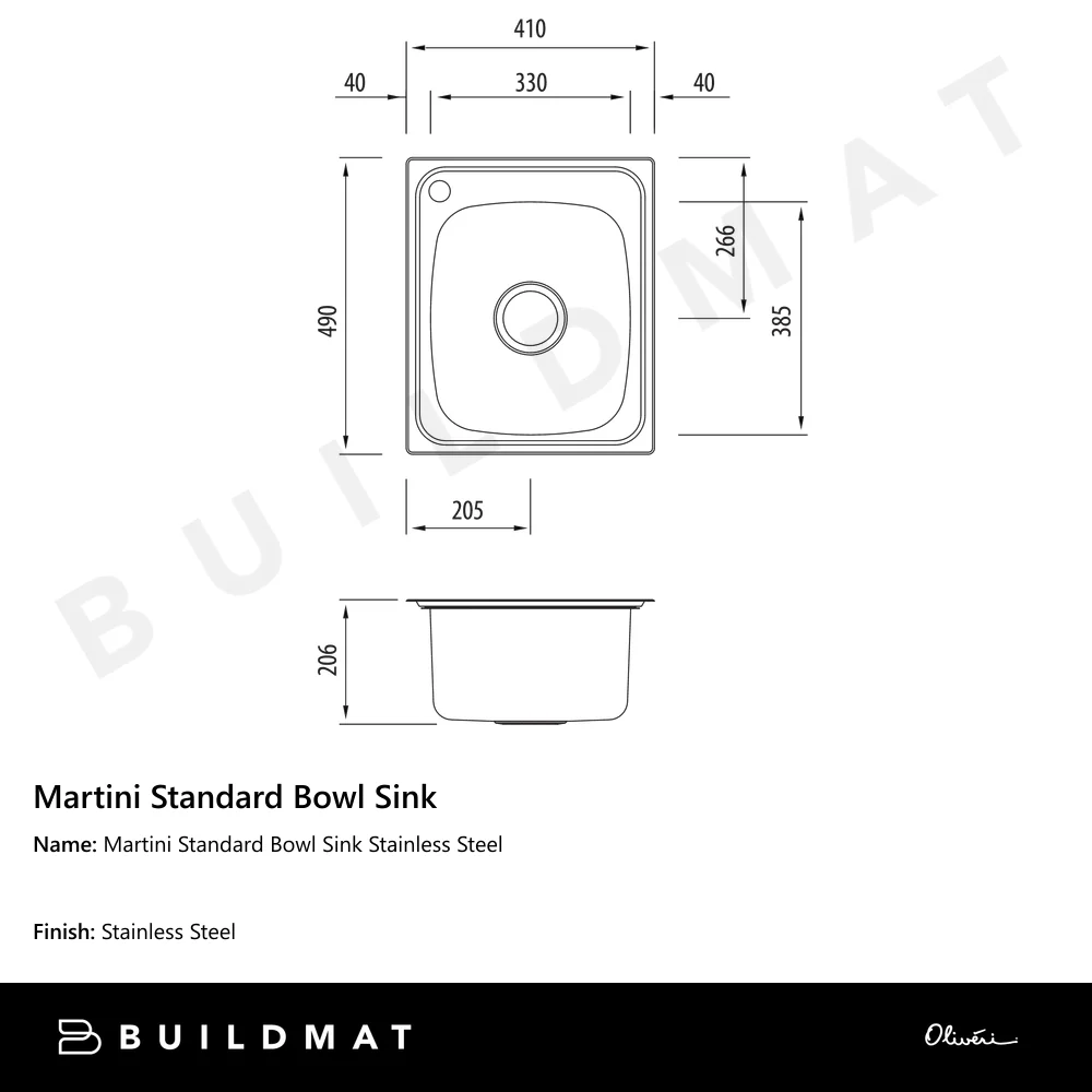Oliveri Martini Standard Bowl Sink Stainless Steel with 1 Taphole - Image 5