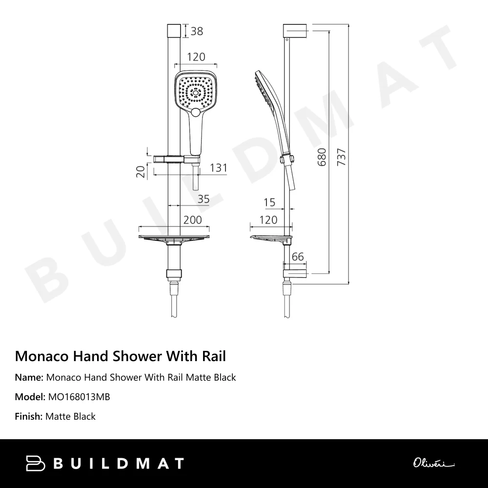 Oliveri Monaco Hand Shower With Rail Matte Black - Image 4