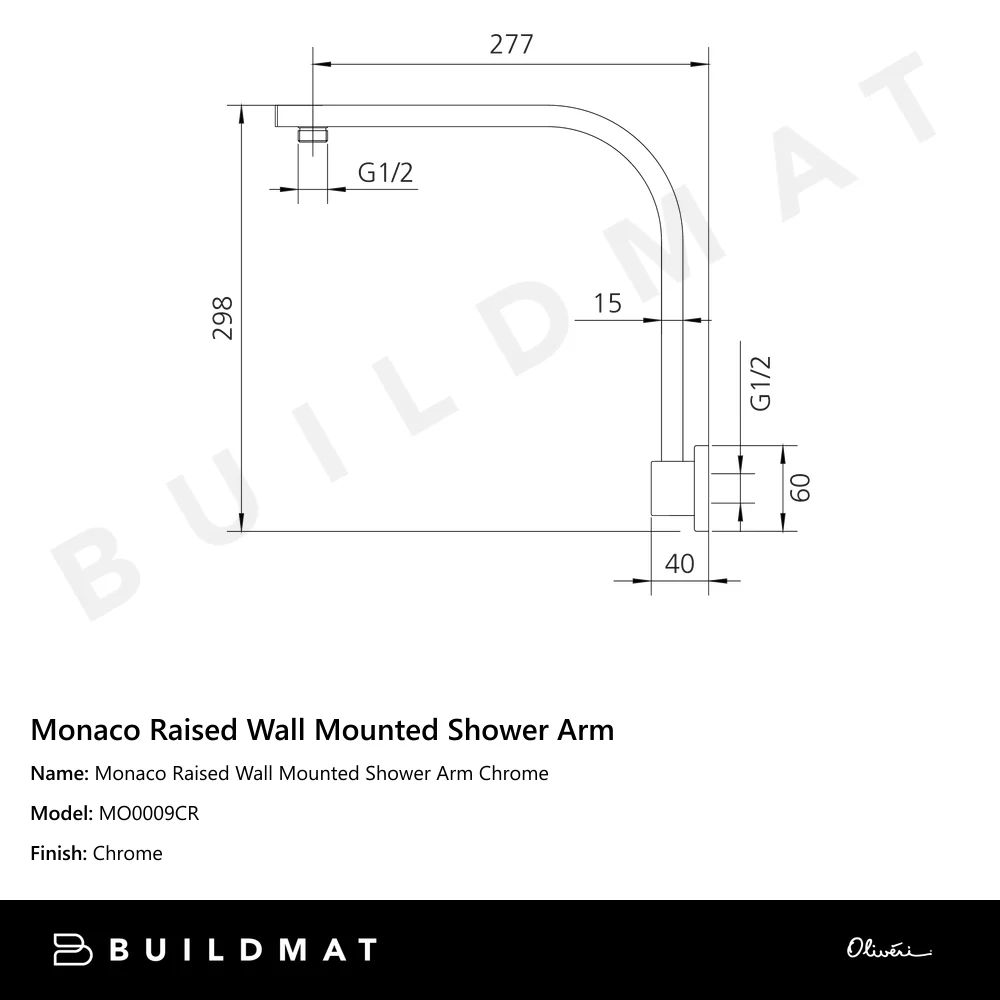Oliveri Monaco Raised Wall Mounted Shower Arm Chrome - Image 4