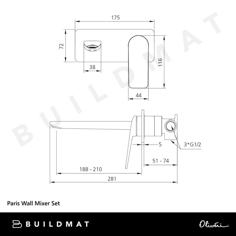 Oliveri Paris Wall Mixer Set Complete Kit Matte Black Lead Free - Image 4