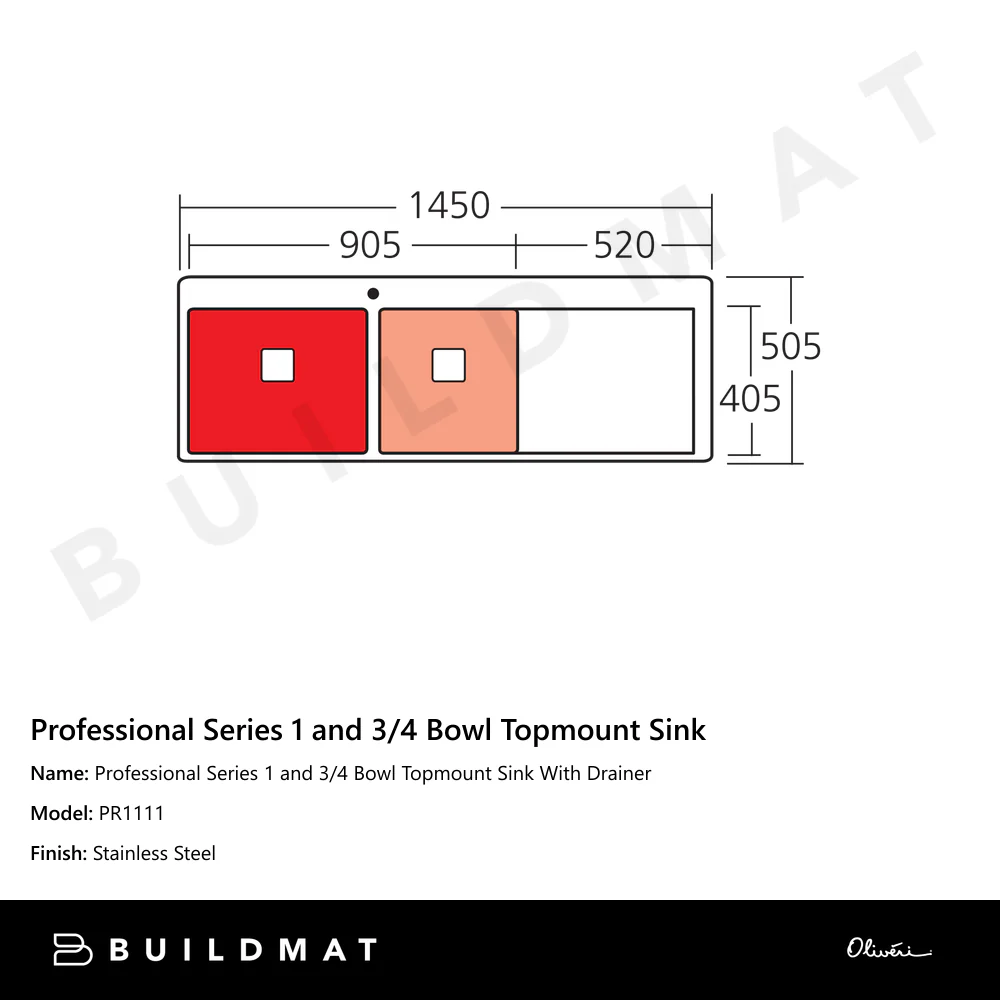 Oliveri Professional Series 1 And 3/4 Bowl Topmount Sink With Right Drainboard Stainless Steel - Image 4