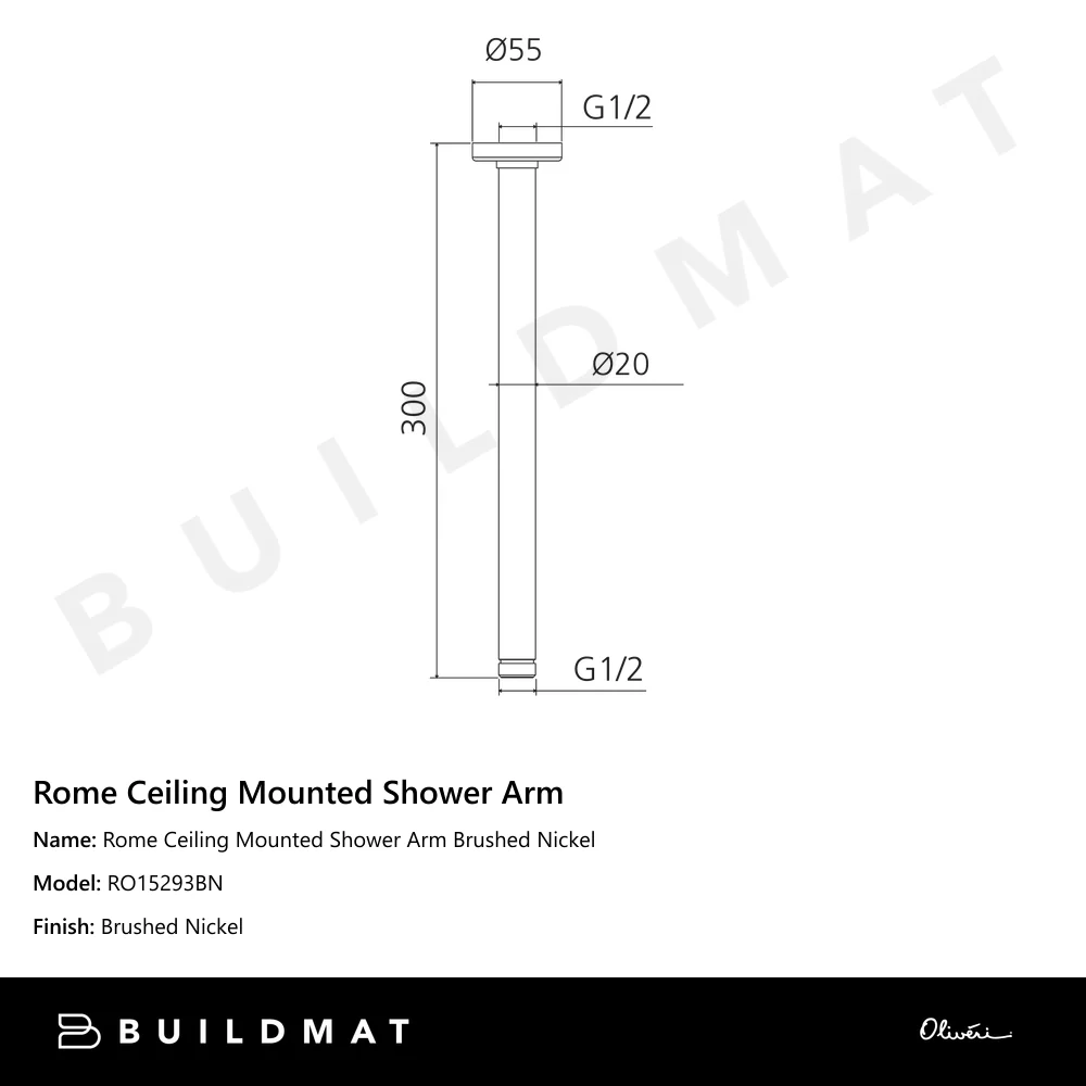 Oliveri Rome Ceiling Mounted Shower Arm Brushed Nickel - Image 4