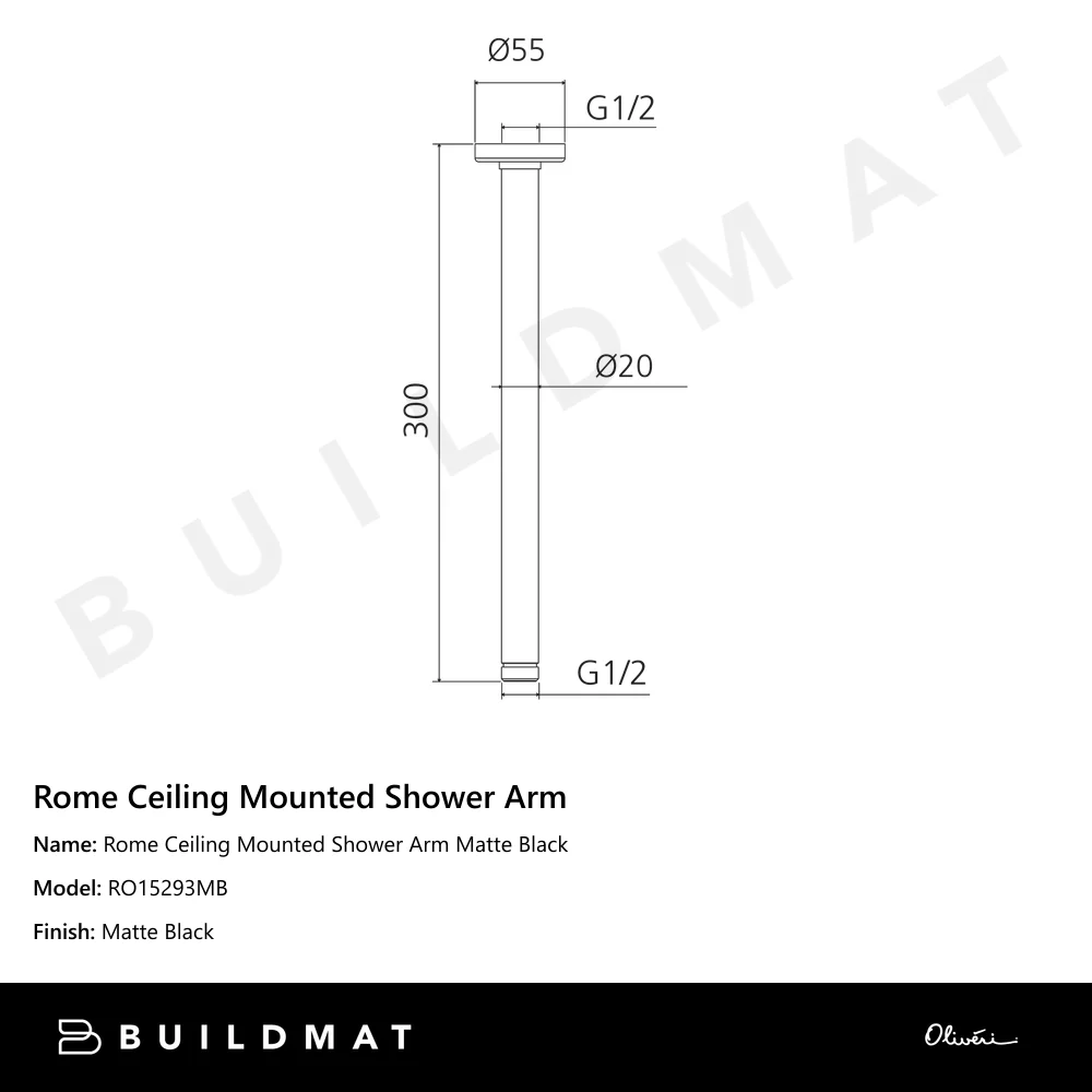 Oliveri Rome Ceiling Mounted Shower Arm Matte Black - Image 4