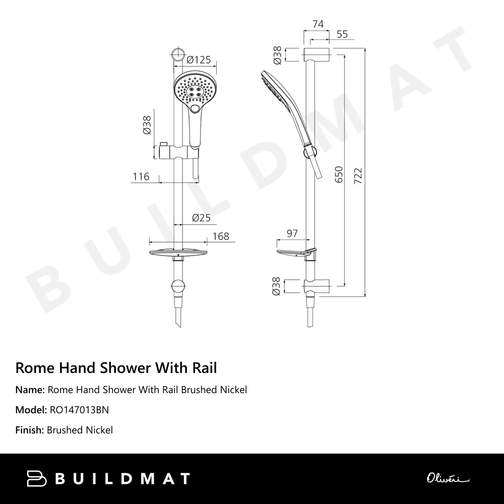 Oliveri Rome Hand Shower With Rail Brushed Nickel - Image 4