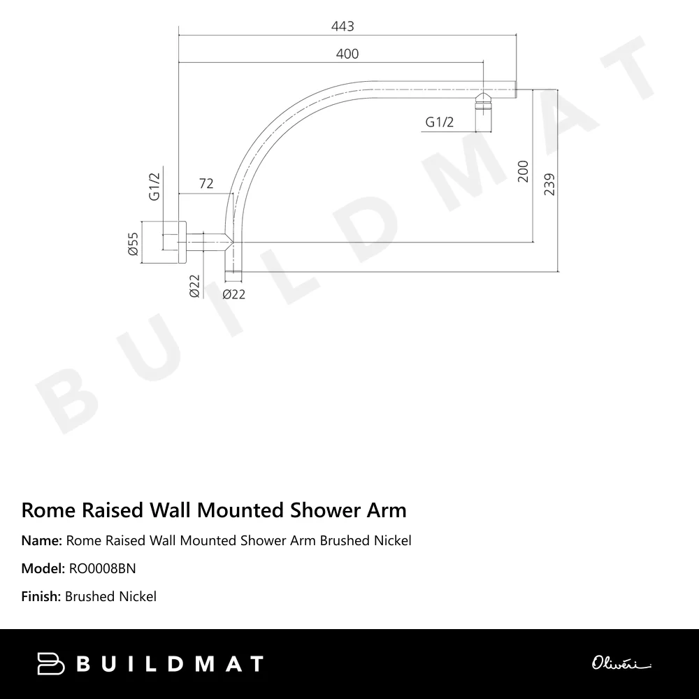 Oliveri Rome Raised Wall Mounted Shower Arm Brushed Nickel - Image 4