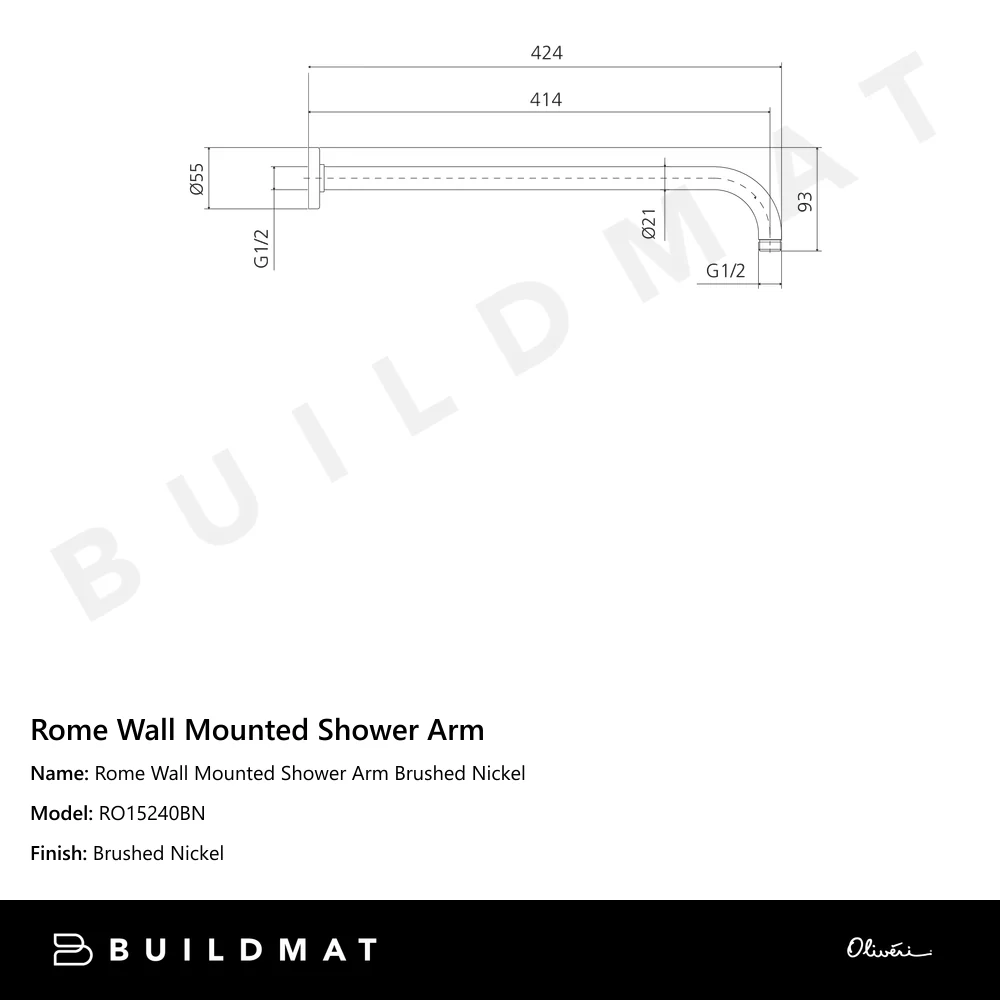 Oliveri Rome Wall Mounted Shower Arm Brushed Nickel - Image 4