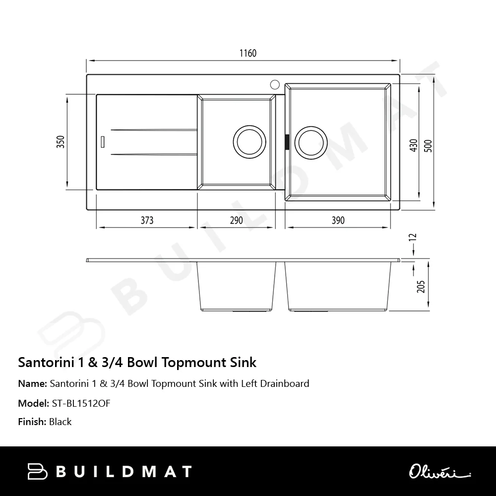 Oliveri Santorini 1 & 3/4 Bowl Topmount Sink with Left Drainboard Black - Image 4