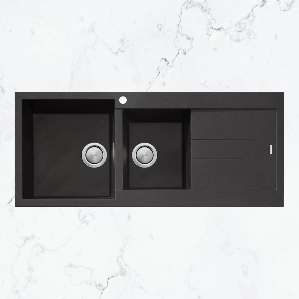 Oliveri Santorini 1 & 3/4 Bowl Topmount Sink with Right Drainboard Black - Image 2