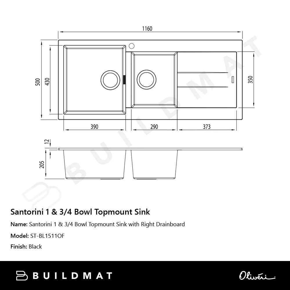 Oliveri Santorini 1 & 3/4 Bowl Topmount Sink with Right Drainboard Black - Image 4