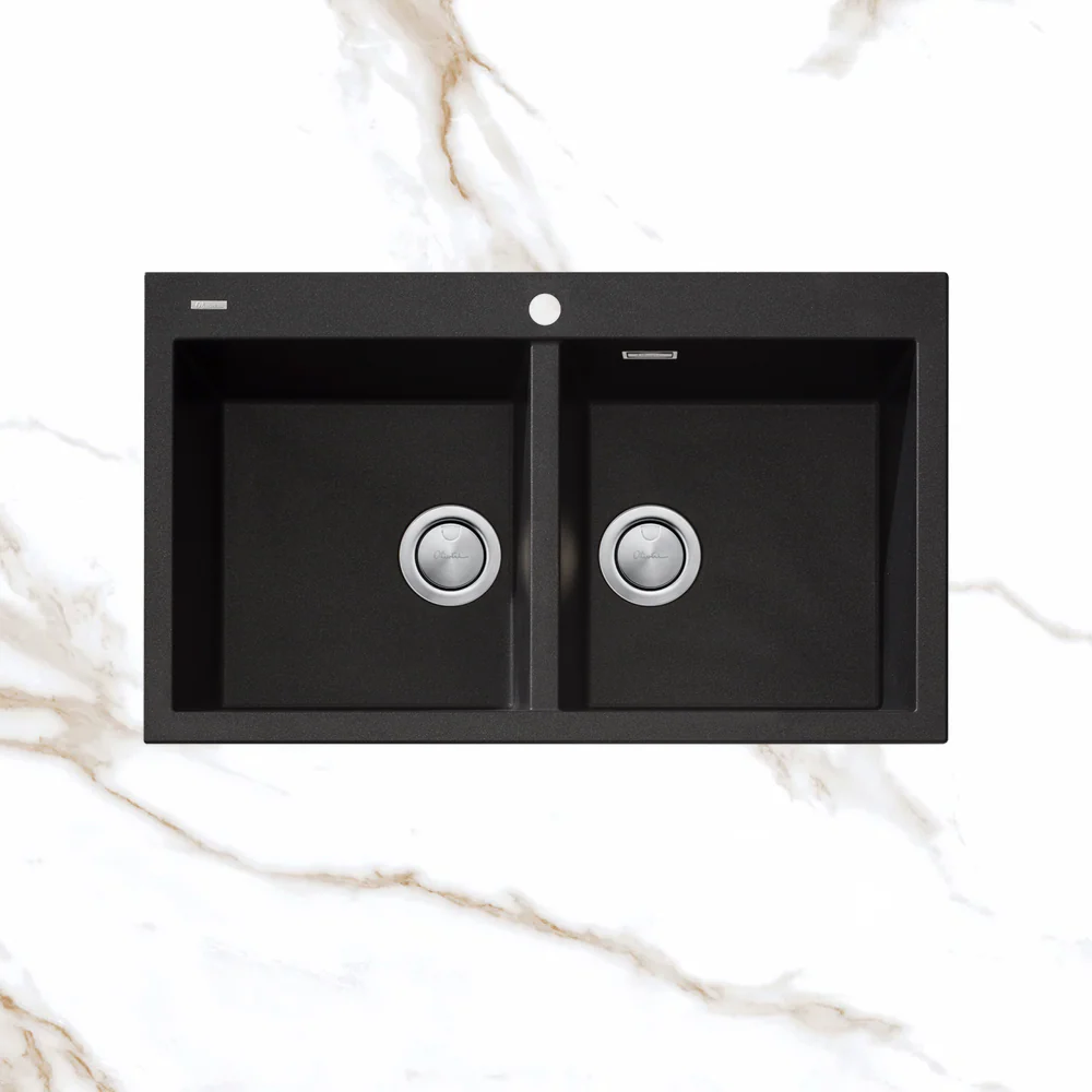 Oliveri Santorini Double Bowl Topmount Sink 1TH with Overflow Black - Image 2