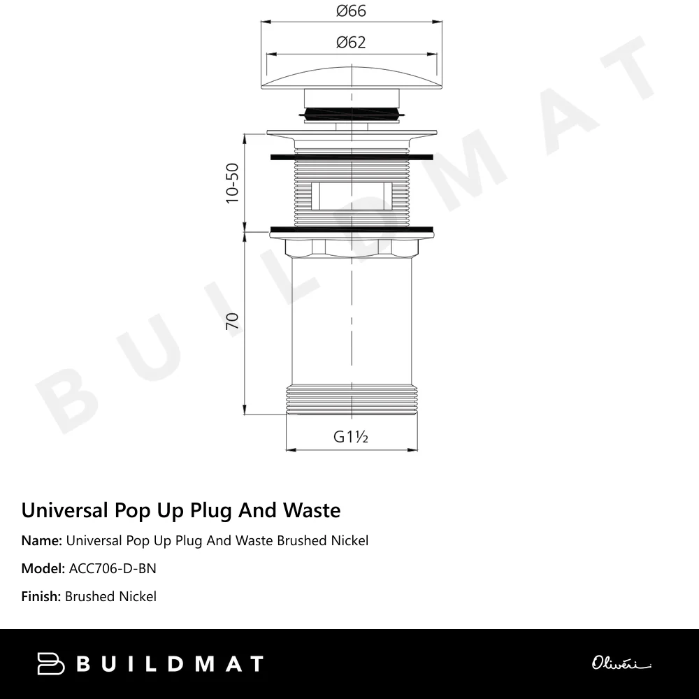 Oliveri Universal Pop Up Plug And Waste Brushed Nickel - Image 4