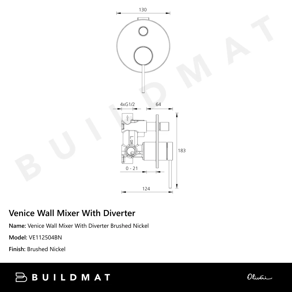 Oliveri Venice Wall Mixer With Diverter Brushed Nickel - Image 4