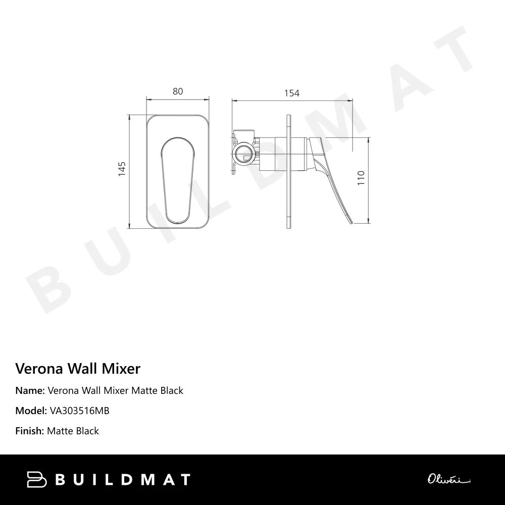 Oliveri Verona Wall Mixer Matte Black - Image 4