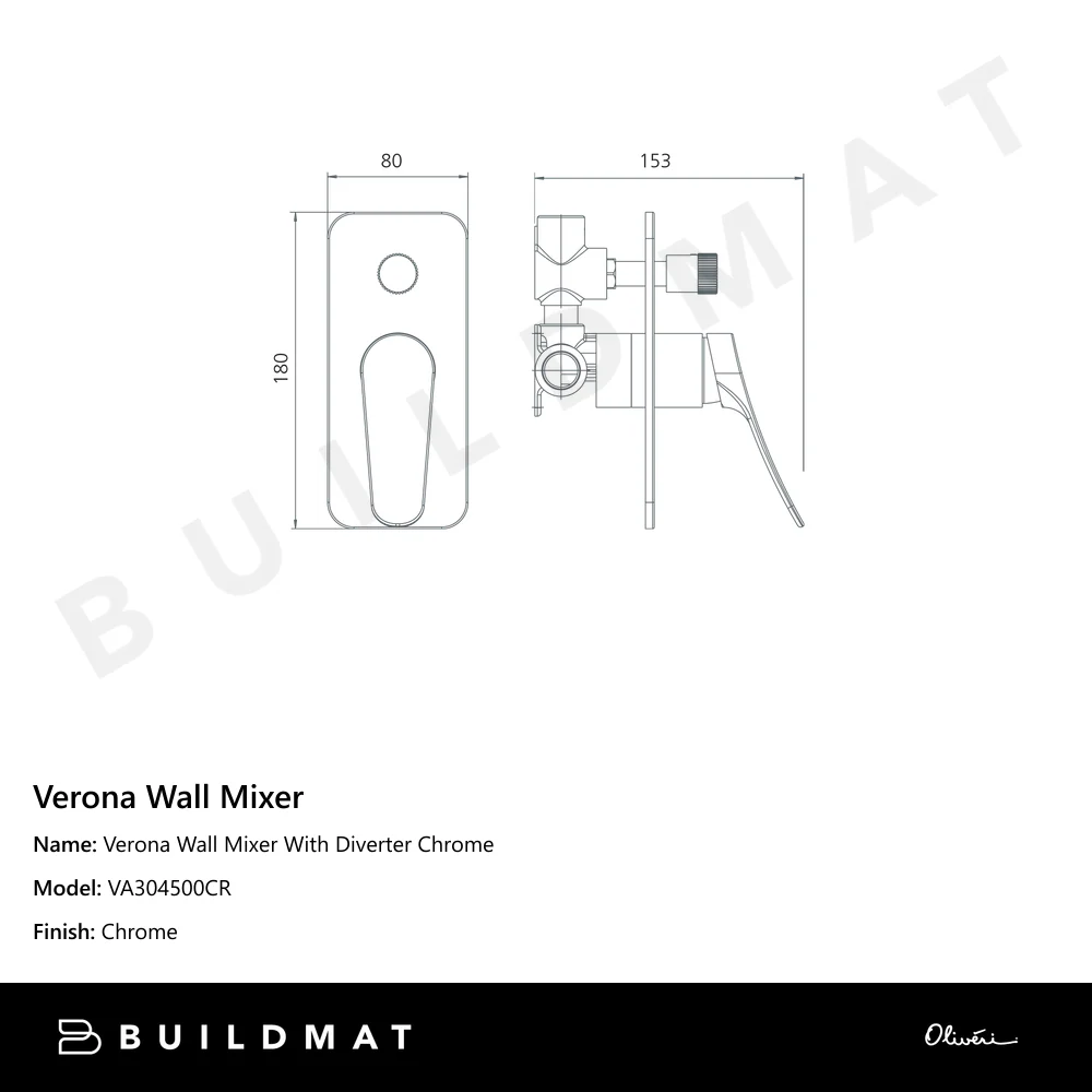 Oliveri Verona Wall Mixer With Diverter (Trim Kit Only) Chrome - Image 4