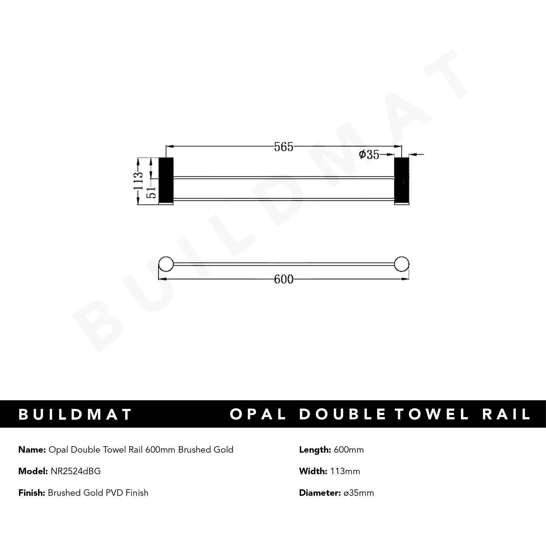 Nero Opal Double Towel Rail 600mm Brushed Gold - Image 5